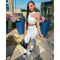 Sexy One Shoulder Sleeveless Backless Cropped Tops With Split Trousers Two Pieces Sets MN8339