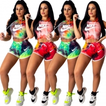 Casual Printed Sleeveless Hooded Cropped Tops With Shorts Two Pieces Sets  R6221