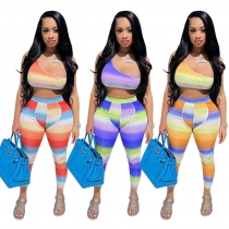 Fashion women's colorful gradient color positioning printing 2-piece set HR8159