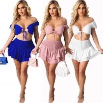 Sexy tube top with waistband and one-line neckline nightclub fashion short skirt suit L0340