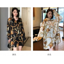 Womens new lapel multicolor big gold chain printing single-breasted shirt thin top QY5049