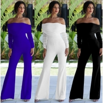 Solid color pleated one-shoulder flared jumpsuit dinner NS4405