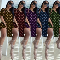 Plus size women's fashion casual printed top high slit loose T-shirt shorts two-piece suit SM9163
