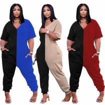 Fashion trend stitching color casual loose jumpsuit plus size Womens clothing W2314