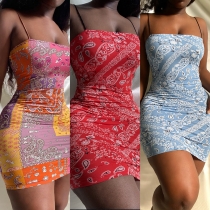 Womens clothing cashew flower element print suspender slim dress HR8169
