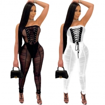 Mesh transparent tight-fitting jumpsuit high-belt casual commuter pants MY9871