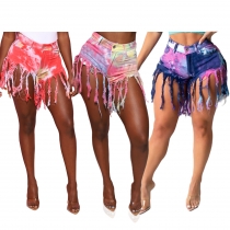 Fashion sexy tassel multicolor dyed stretch denim shorts HSF2358