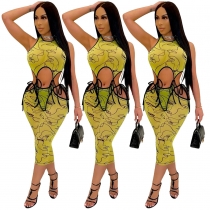 Womens new style printed vest lace dress summer RM8906
