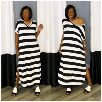 Simple and versatile V-neck long striped dress W2328