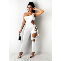 Solid color one-shoulder ripped tie jumpsuit JH235