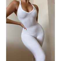 Pure color high elastic pit strip fabric casual sling jumpsuit BN172
