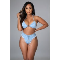 Two-piece sexy bikini denim suit with straps and tassels A3282