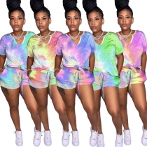 Tie-dye V-neck casual fashion home sports shorts two-piece suit AJ4204
