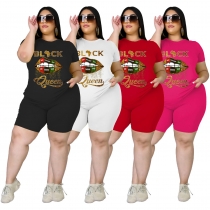 Large size women's lips blackqueen positioning printing casual sports suit two-piece suit DM090