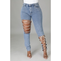 New style elastic lace-up jeans women's feet pants CJ1098