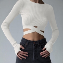 Knitted top with cross waist tie sexy solid color autumn long-sleeved slim hollow top QY21508