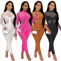 Long-sleeved tight-fitting lace-up high-stretch sexy nightclub net gauze jumpsuit M3068Long-sleeved tight-fitting lace-up high-stretch sexy nightclub net gauze jumpsuit M3068