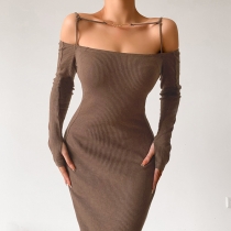 Foreign trade design sense tie one-shoulder long-sleeved knitted hip-pack long dress JY21664P
