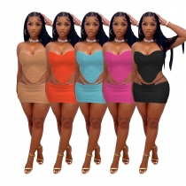 Women's summer wrap chest fake two-piece skirt suit sexy leather nightclub two-piece set W8282