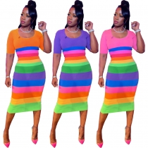 Women's Sexy Fashion Skinny Rainbow Print Women's Dress DN8659
