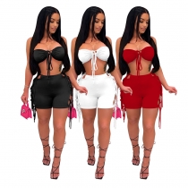 Spring and summer solid color wrap chest straps personality lace hollow two-piece set D88153