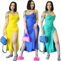 Women's Sexy Slit Stretch Strap Solid Color Sling Dress z9153