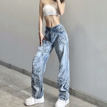 Fashion Personality Letter Patch Straight Jeans Street Hot Girl Loose Straight Casual Pants HP21675