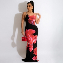 Dress red flower print open back slit maxi dress