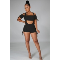 Solid color pit stripe sexy off-the-shoulder-smock-sling pants two-piece set