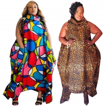 Irregular printing large size loose plus fat increase dress turtleneck sleeveless women N7491