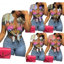 Casual Women's Street Trend Printed Tassel Slit Short Sleeve Knotted T-Shirt Top SD2070