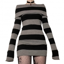 Vintage Wide Stripe One Neck Knitted Long Sleeve Dress LQWID28896