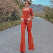 Pit strip square neck threaded long sleeve pleated flare jumpsuit P2A10633W