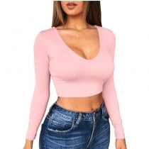 Solid color base coat sexy super short low cut bodice bodice tight long sleeve t-shirt C026