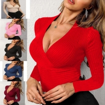 Temperament knitted pullover V-neck slim women's T-shirt T8894
