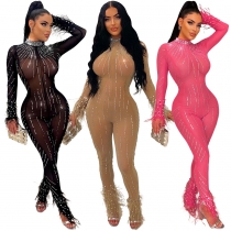 Women's hot drill perspective fashionable sexy nightclub slim fitting jumpsuit CY900181