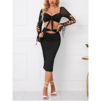 Fashion suit skirt sexy mesh splicing hollow top hip skirt suit two-piece set SUM5263A