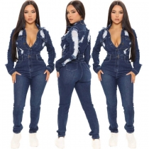 Fashion casual phoenix button long-sleeved sexy denim ripped jumpsuit A3325