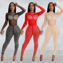 Fashion women's pure color mesh ironing long-sleeved trousers jumpsuit C6203