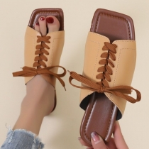 Large women's shoes, solid color lace up, flat bottom, low heel, square toe, sandals HWJ1769