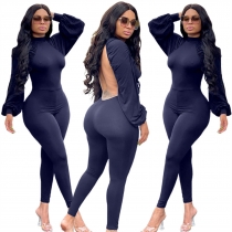 Solid Color Long Sleeve Open Back Sexy Bodysuit Y6106