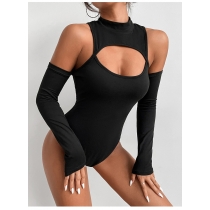 Tight and sexy bare chest bottomed shirt with irregular hollow out long sleeved slim fitting off shoulder jumpsuit LY9909