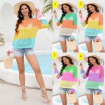 Women's color matching hollowed out knitted beach shirt seaside vacation long sleeved sun protection shirt SF1238