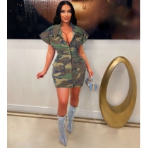 Personalized sexy large lapel camouflage tight dress G0582