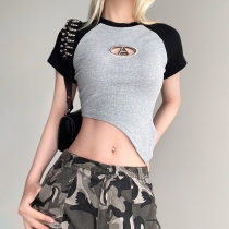 Slim Fit Short Contrast Raglan T-shirt Design Asymmetric Open Umbilical Hollow Letter Top HGMDT02704