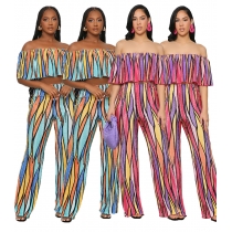 Women's fashion printed one shoulder wrap chest top loose wide leg pants two-piece set A5344