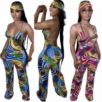 Sleeveless suspender with painted print backless long jumpsuit with headscarf LS6516