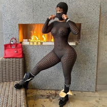 Sexy Mesh Perspective High Waist Hooded Long Sleeve Tight Off Back jumpsuit W23Q26850