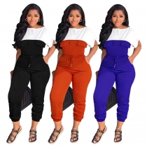 Slim fitting waistband commuting short sleeved color matching leggings women's tapered jumpsuit YLY10182