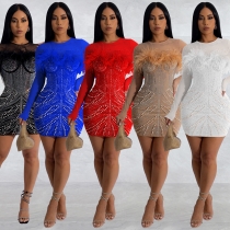 Women's solid color mesh feather hot diamond long sleeved short skirt dress C6215